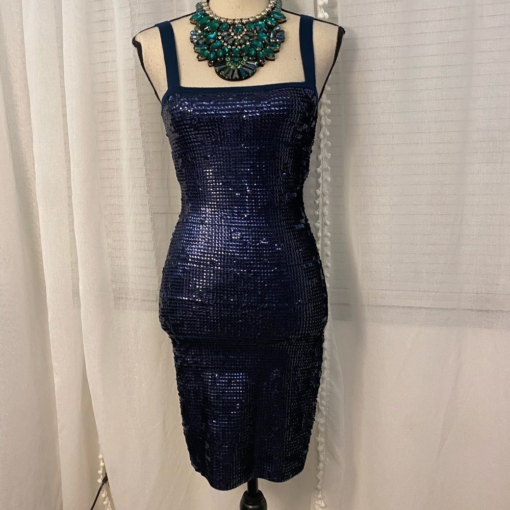 BCBG MaxAzria dark blue sequinned bodycon dress, S